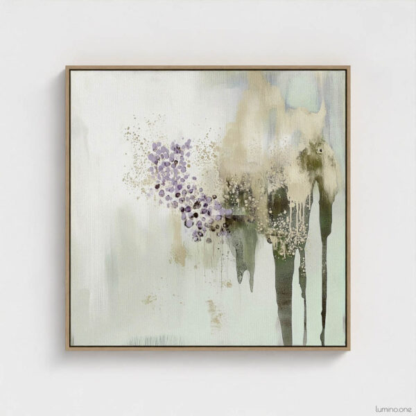 Sage green and purple abstract washes wall art in a biophilic style, in a natural wood floating frame canvas print