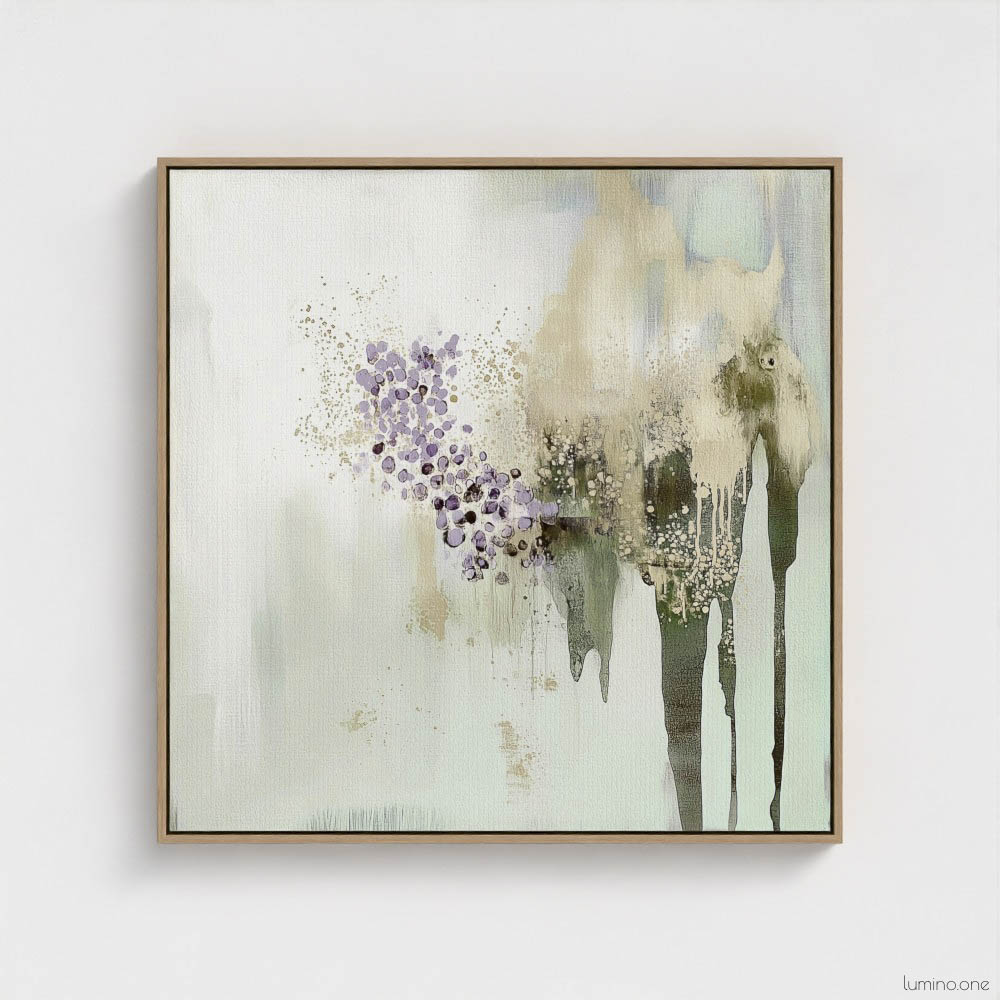 Sage green and purple abstract washes wall art in a biophilic style, in a natural wood floating frame canvas print