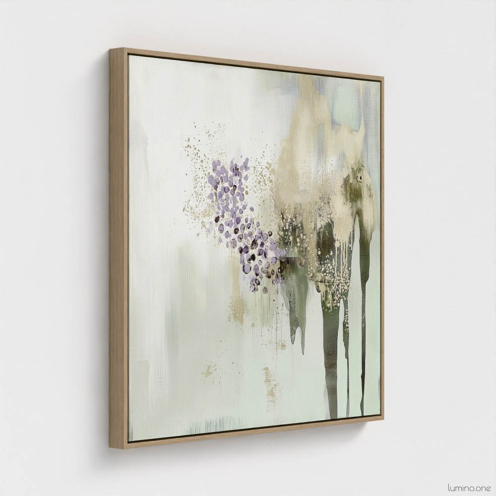 Sage green and purple abstract washes wall art in a biophilic style, in a natural wood floating frame canvas print