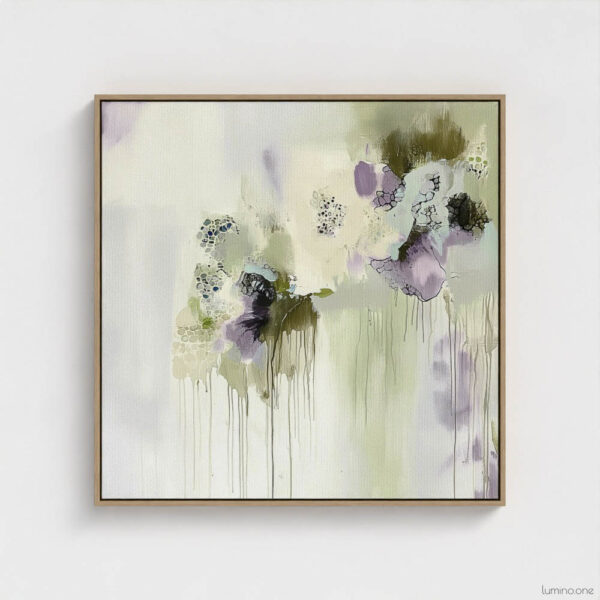 Sage green and purple abstract washes wall art in a biophilic style, in a natural wood floating frame canvas print