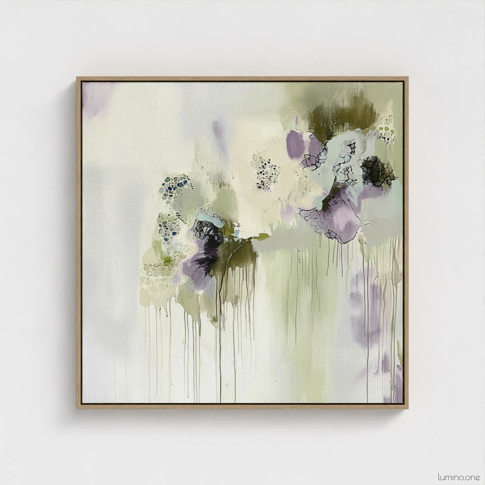 Sage green and purple abstract washes wall art in a biophilic style, in a natural wood floating frame canvas print