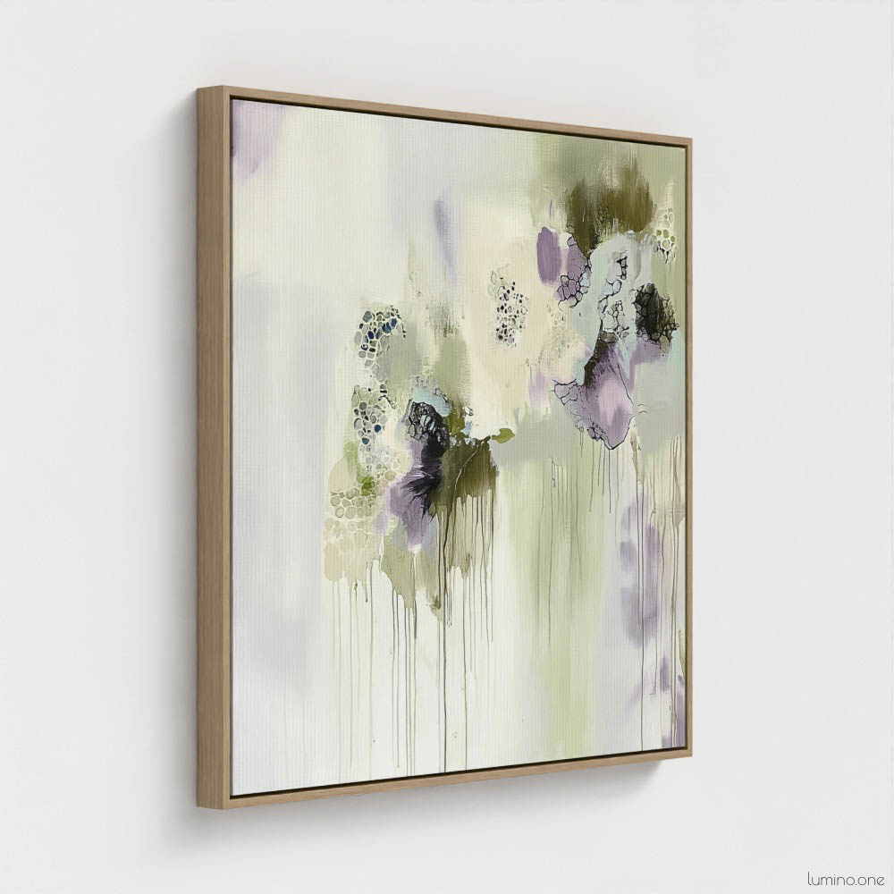 Sage green and purple abstract washes wall art in a biophilic style, in a natural wood floating frame canvas print