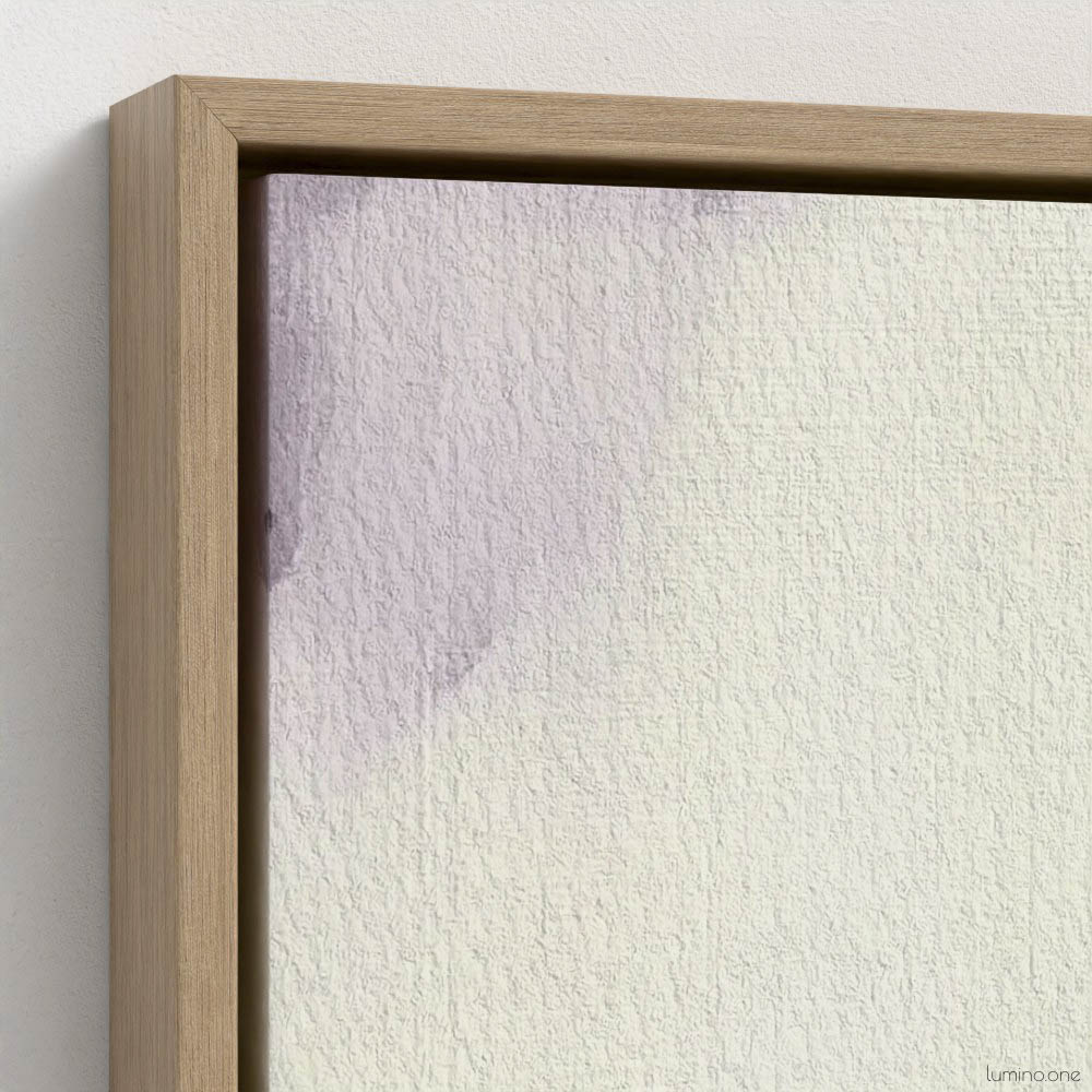 Sage green and purple abstract washes wall art in a biophilic style, in a natural wood floating frame canvas print