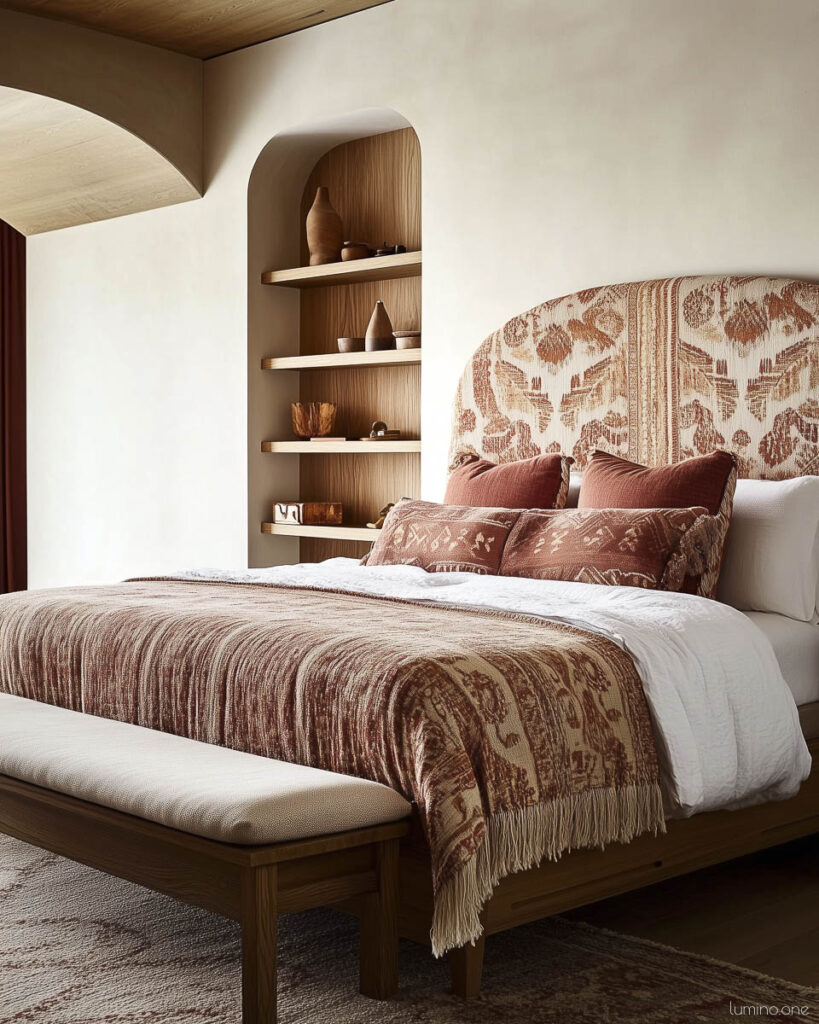 Modern bedroom with built-in arched wooden shelves, woven textile headboard in rust patterns, terracotta pillows and throw with fringe, and neutral platform bed