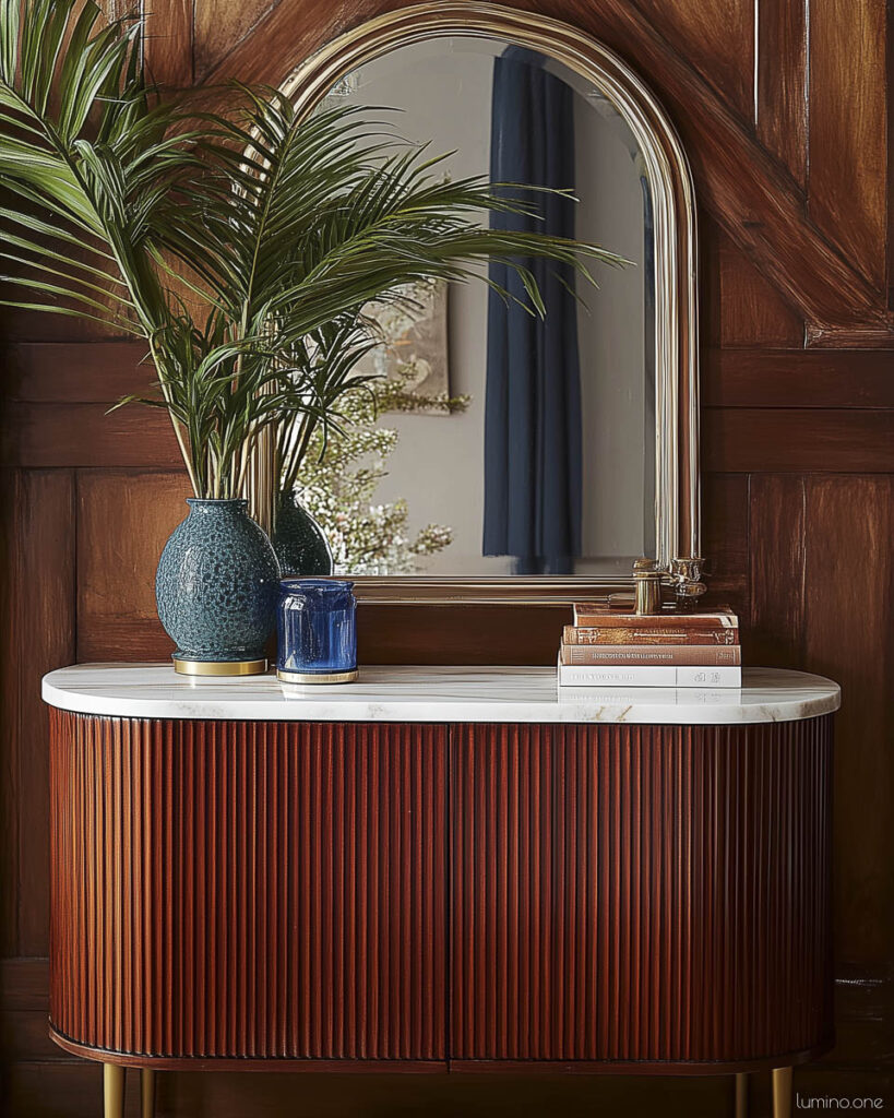 Mid-century modern curved credenza with walnut fluted base, white marble top, textured blue vase with palm fronds, and brass round mirror against wood paneling