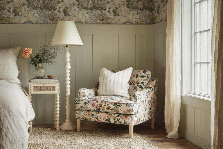 Cottage bedroom with exposed wood beam ceiling, botanical wallpaper, sage green board and batten wainscoting, floral upholstered chair with striped pillow, and beaded floor lamp