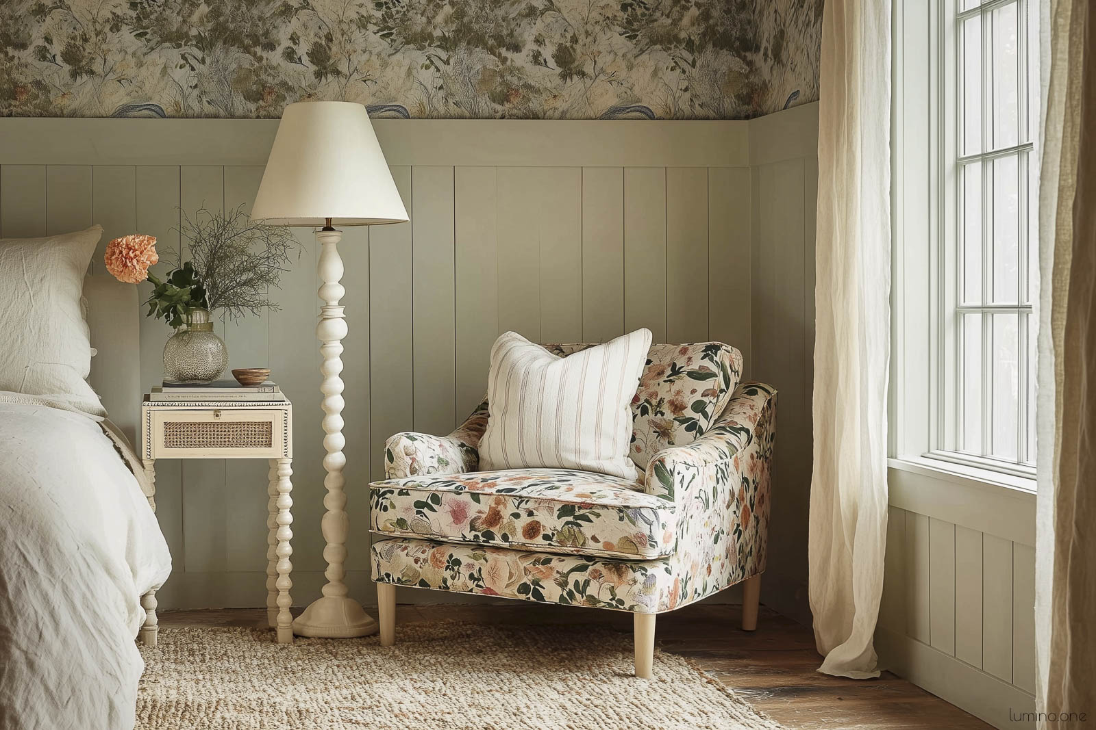 Cottage bedroom with exposed wood beam ceiling, botanical wallpaper, sage green board and batten wainscoting, floral upholstered chair with striped pillow, and beaded floor lamp
