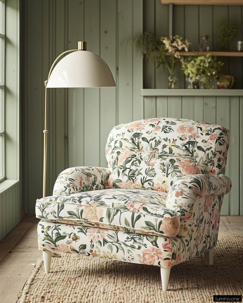 Traditional armchair upholstered in pink and green floral fabric with brass arc floor lamp, sage green vertical paneled walls, and built-in shelving with plants