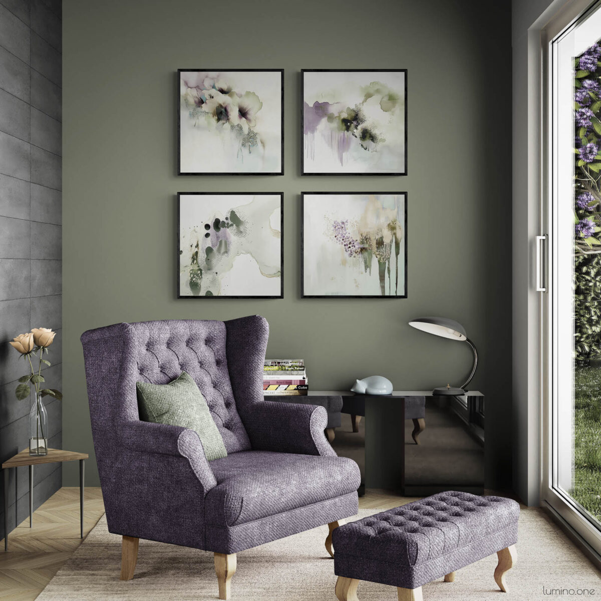 Gallery Wall Set of 4 Square Biophilic Abstract Washes Wall Art in a Moody Light Academia Living Room with Olive Green Accent Wall Puple Chair and Garden Views