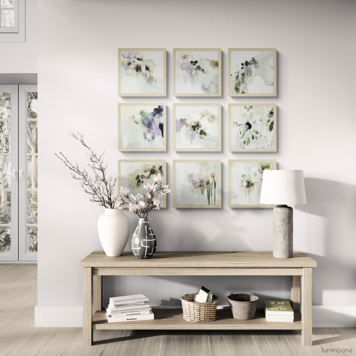 Gallery Wall Set of 9 Square Biophilic Abstract Washes Wall Art in an Organic Modern Living with Natural Wood Console Table