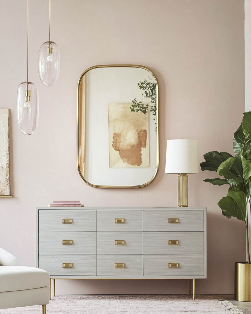 Nine-drawer gray textured dresser with brass hardware and legs, oval brass mirror, abstract terracotta watercolor art, glass pendant lights, and fiddle leaf fig plant