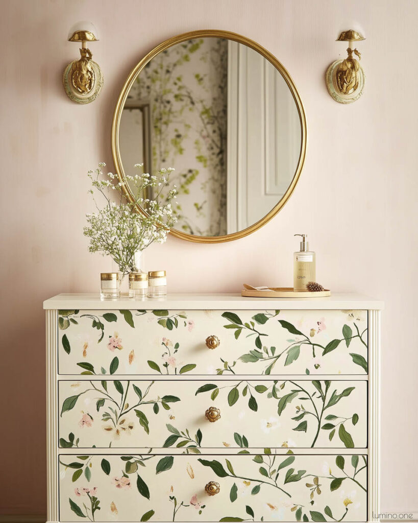 White three-drawer dresser with hand-painted botanical pattern, round brass mirror, brass sconces, and baby's breath flowers against blush pink wall