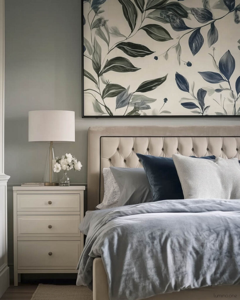 Cream tufted headboard bed with oversized botanical leaf artwork, blue and gray layered bedding, white three-drawer nightstand with brass lamp and white flowers