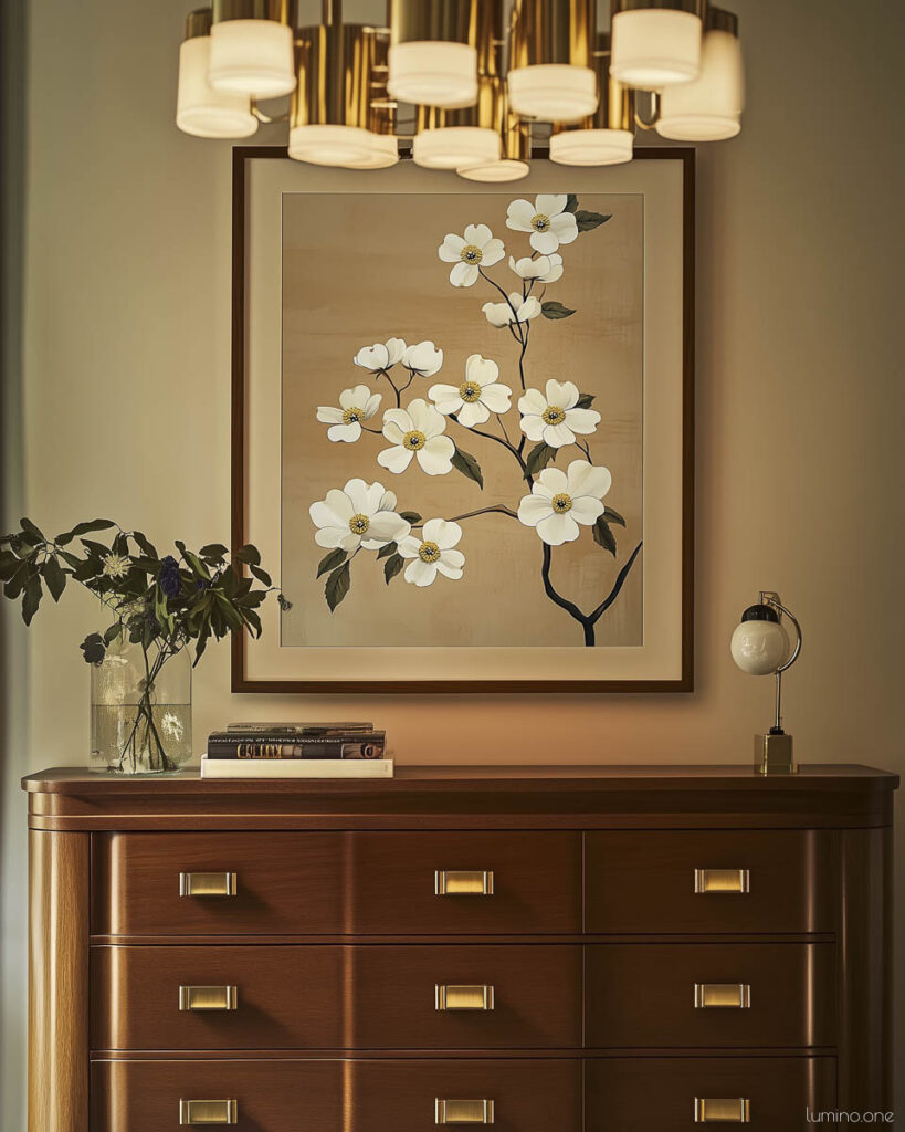 Six-drawer mid-century walnut dresser with brass hardware styled with framed white dogwood botanical print, brass chandelier, and fresh greenery
