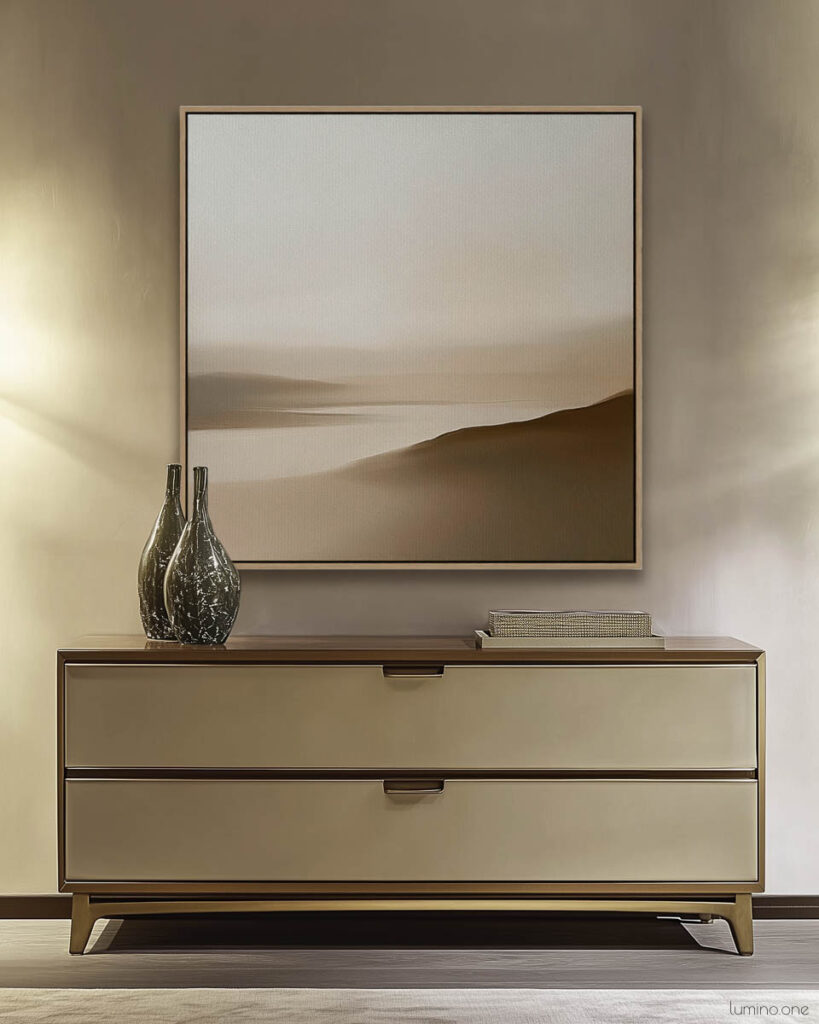 Two-drawer contemporary dresser in taupe with brass trim styled with framed desert landscape artwork and pair of textured olive green glass vases
