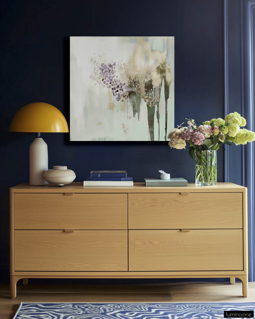 Four-drawer oak dresser with yellow mushroom table lamp, abstract floral artwork, and fresh flowers against deep blue bedroom wall with patterned rug