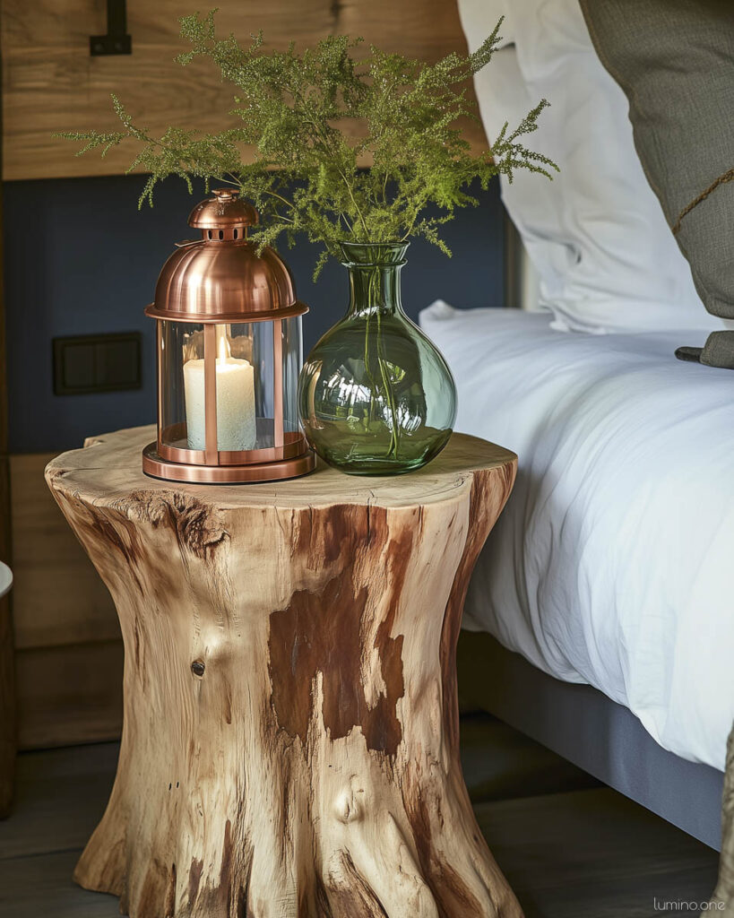 Live edge tree stump side table styled with copper hurricane lantern and green glass vase filled with delicate greenery next to white bedding