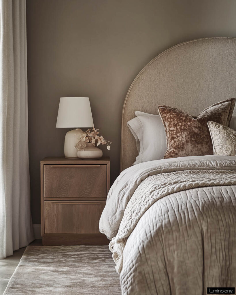 Upholstered curved headboard bed with brown velvet pillows, quilted bedding, walnut nightstand with ceramic lamp and dried eucalyptus in neutral bedroom