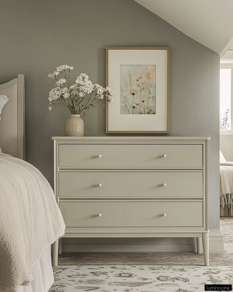 Three-drawer sage green dresser with white round knobs styled with framed botanical print and ceramic vase of white flowers against gray wall