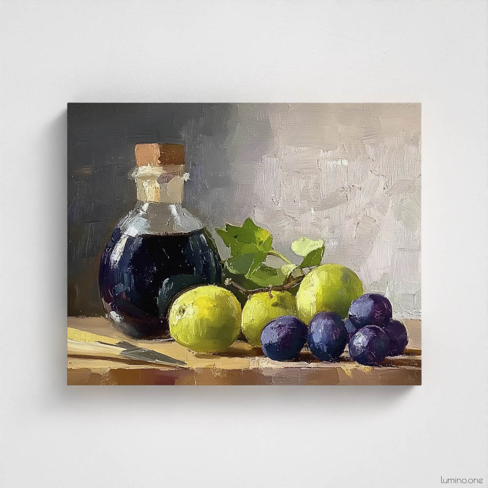 Still life oil painting canvas print featuring green grapes, dark wine bottle with cork, and blue grapes arranged on wooden surface, shown as unframed canvas print against white background