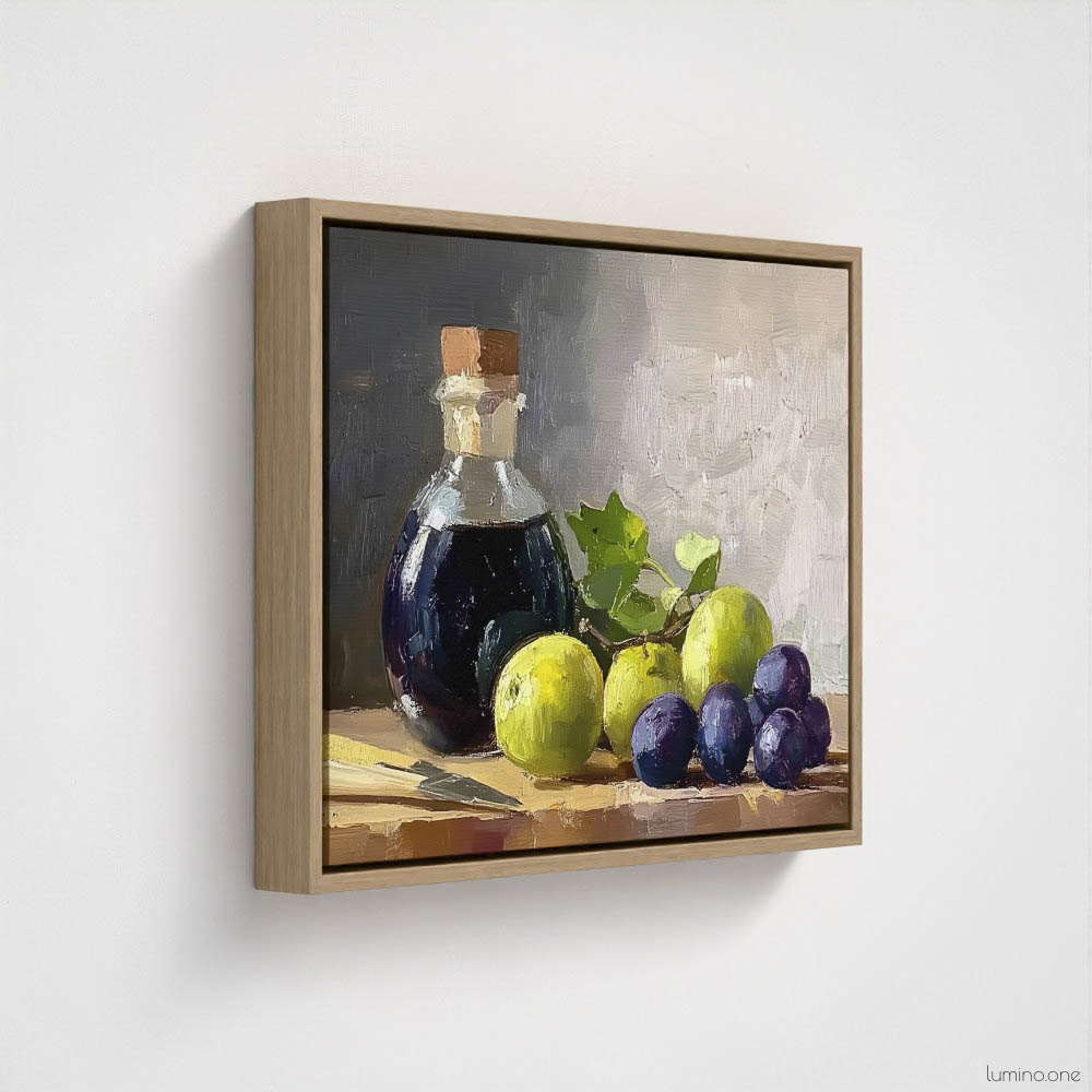 Still life oil painting framed canvas print featuring green grapes, dark wine bottle with cork, and blue grapes arranged on wooden surface, displayed in natural wood floating frame against white background