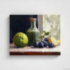 Still life oil painting canvas print featuring green apple, dark plums, and green glass bottle with cork arranged on white cloth, shown as unframed canvas print against white background