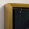 Still life oil painting framed canvas print featuring green apple, dark plums, and green glass bottle with cork arranged on white cloth, displayed in antique gold floating frame against white background