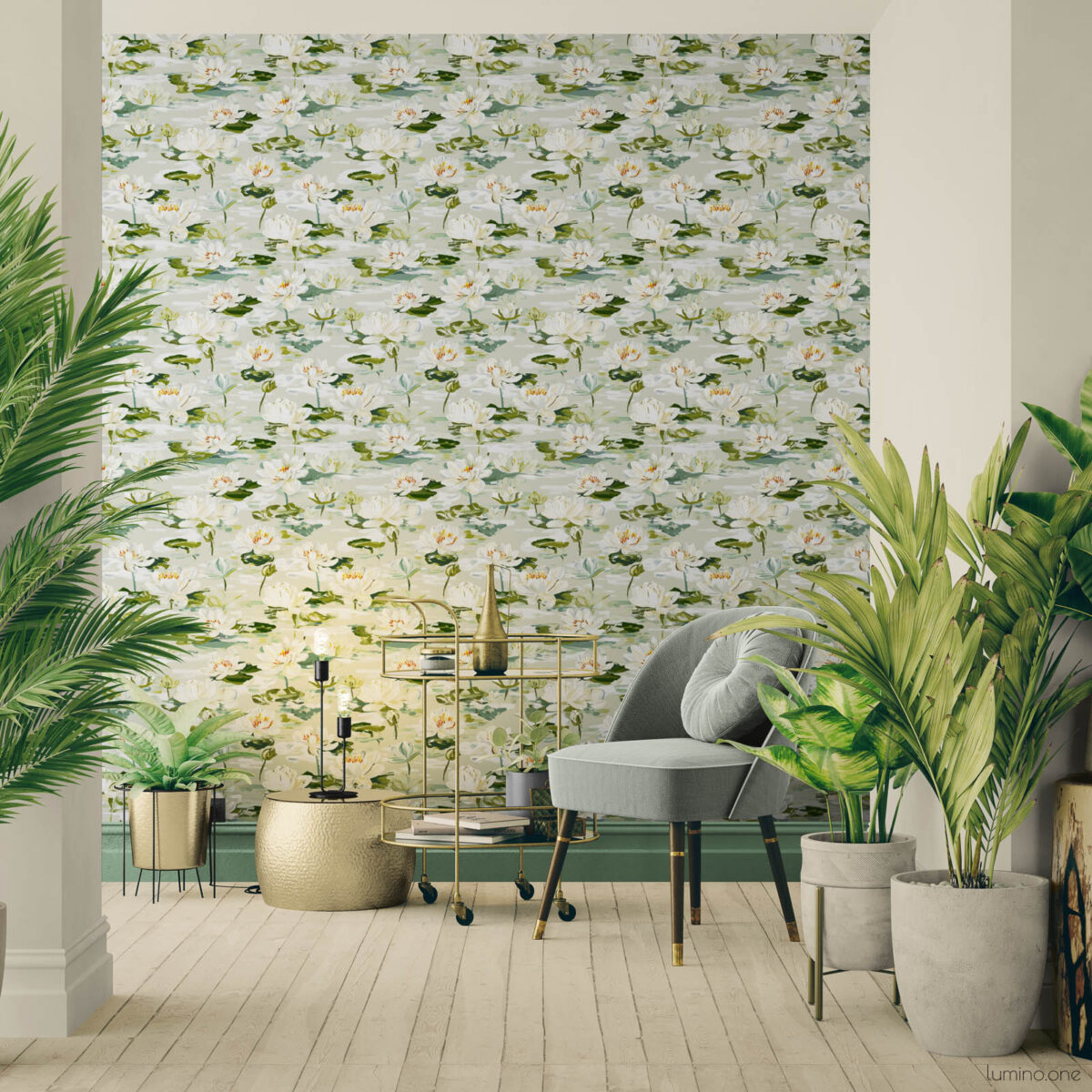 Elegant white water lily peel and stick wallpaper installed in a bright modern living room with lush tropical plants, gray velvet chair, gold bar cart, and white oak flooring creating a serene botanical interior