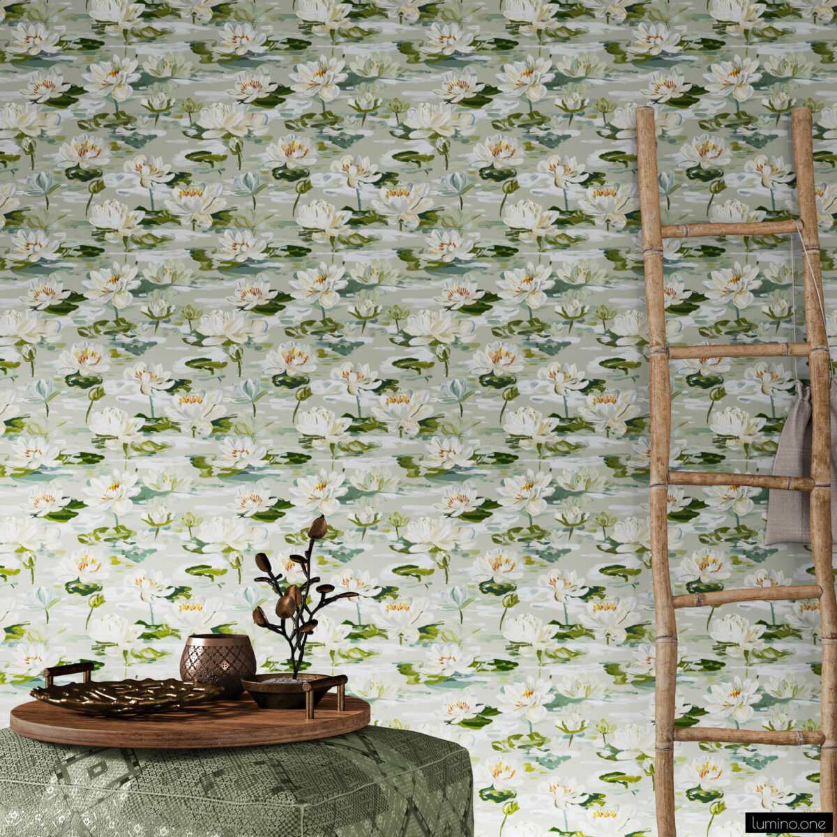 Tranquil white water lily peel and stick wallpaper styled with natural bamboo decorative ladder, round wooden tray with copper vase and dark botanical branch, green linen fabric creating a serene organic home decor aesthetic