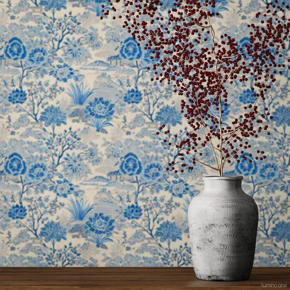 Blue Toile Peel and Stick Wallpaper - Vintage Botanical Garden P Blue and white toile peel and stick wallpaper covering a full wall, featuring a repeating vintage botanical garden pattern with flowers and trees. Styled with a dark iron candelabra, rustic white vase with red berry branches, and a wood console - living room or dining room accent wall decor.