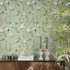Chinoiserie Bird Wallpaper Peel and Stick - Sage Green Botanical Sage green chinoiserie peel and stick wallpaper with hand-painted birds, pink peonies, and lemon branches styled with wooden credenza, white ceramic candlesticks, coffee table books, and tropical palm plant