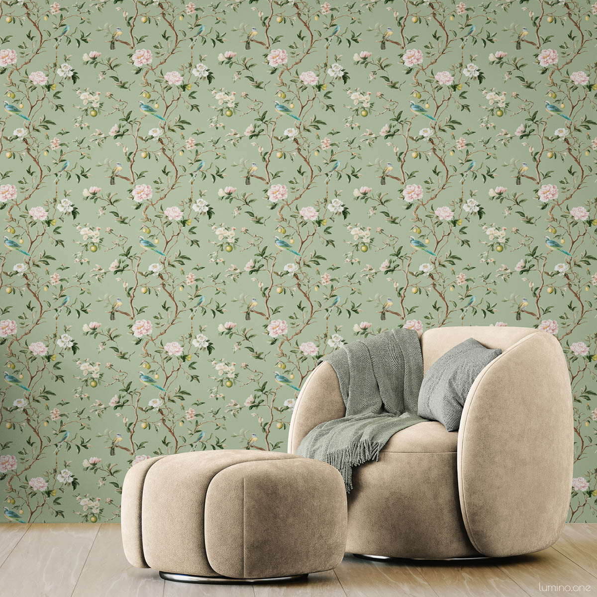 Chinoiserie Bird Wallpaper Peel and Stick - Sage Green Botanical Sage green chinoiserie peel and stick wallpaper with hand-painted birds, pink peonies, and lemon branches in modern living room with beige curved chair, wooden credenza, and white ceramic vases