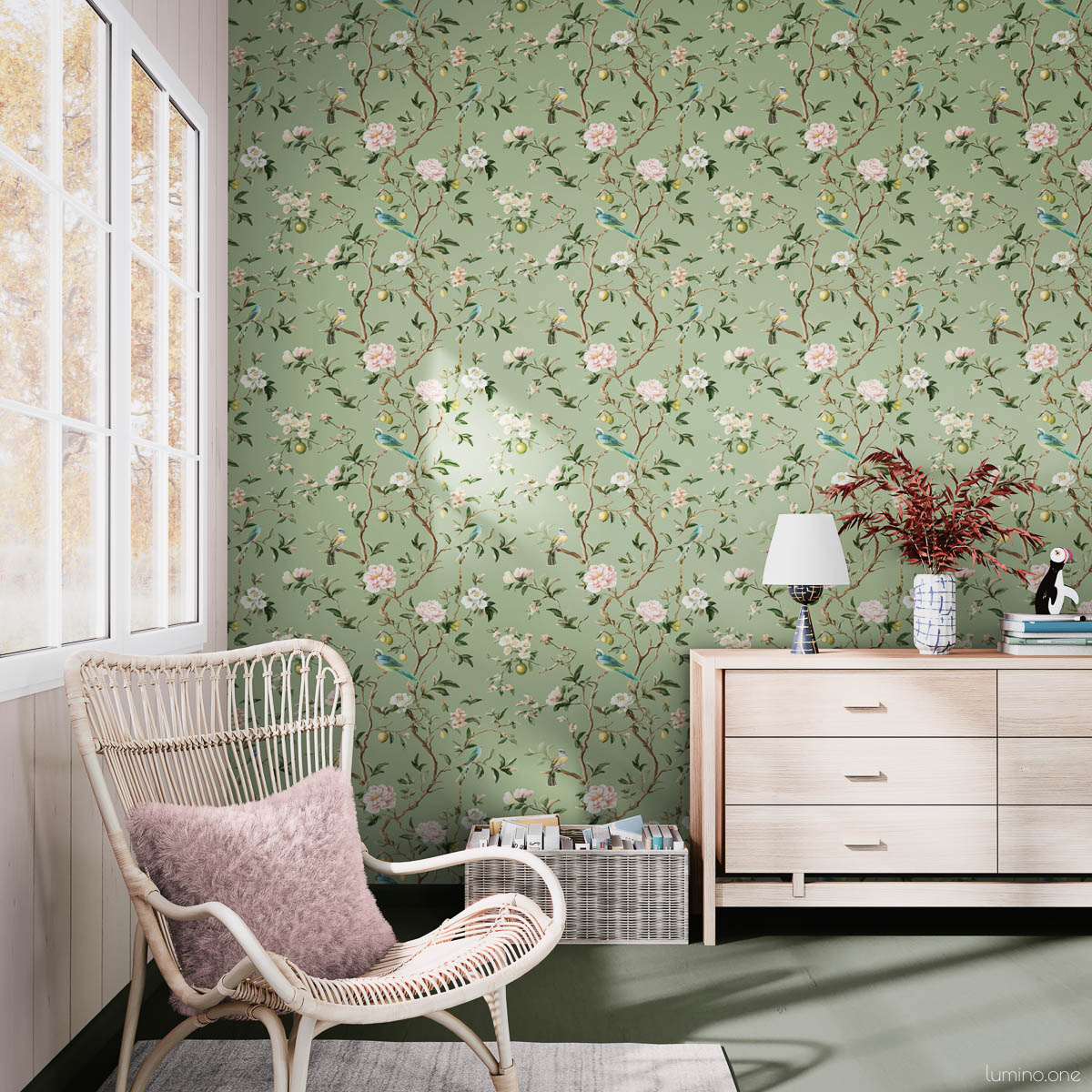 Chinoiserie Bird Wallpaper Peel and Stick - Sage Green Botanical Sage green chinoiserie nursery wallpaper with hand-painted birds, pink peonies, and botanical branches styled with white rattan chair, pink pillow, natural wood dresser, and wicker book basket