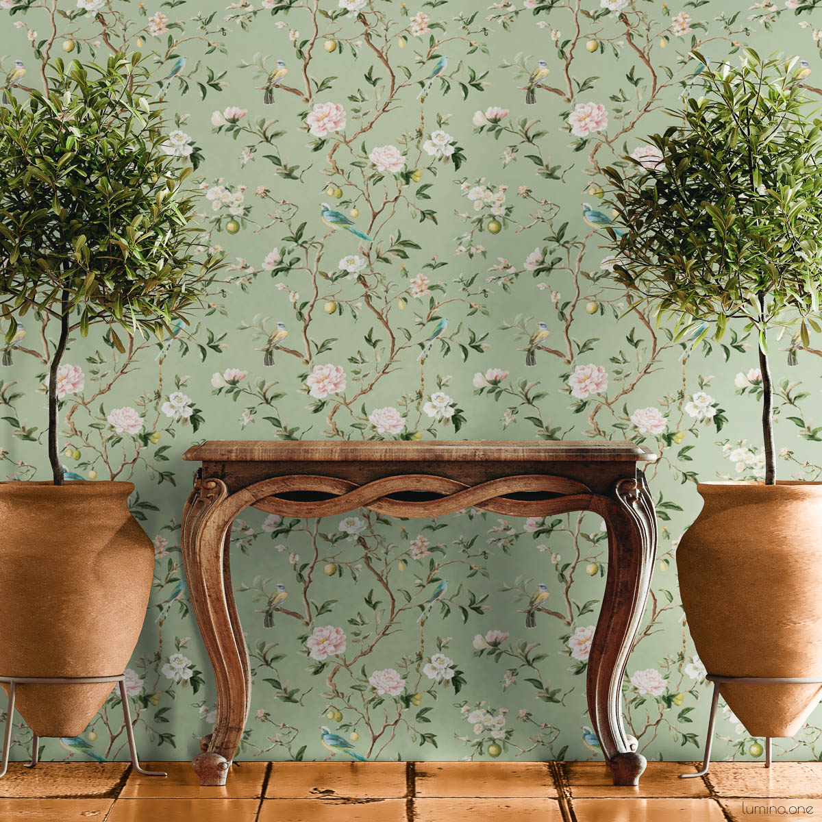 Chinoiserie Bird Wallpaper Peel and Stick - Sage Green Botanical Sage green chinoiserie removable wallpaper with hand-painted birds, pink peonies, and lemon branches styled with vintage wooden console table, terracotta planters, and potted trees on tile floor