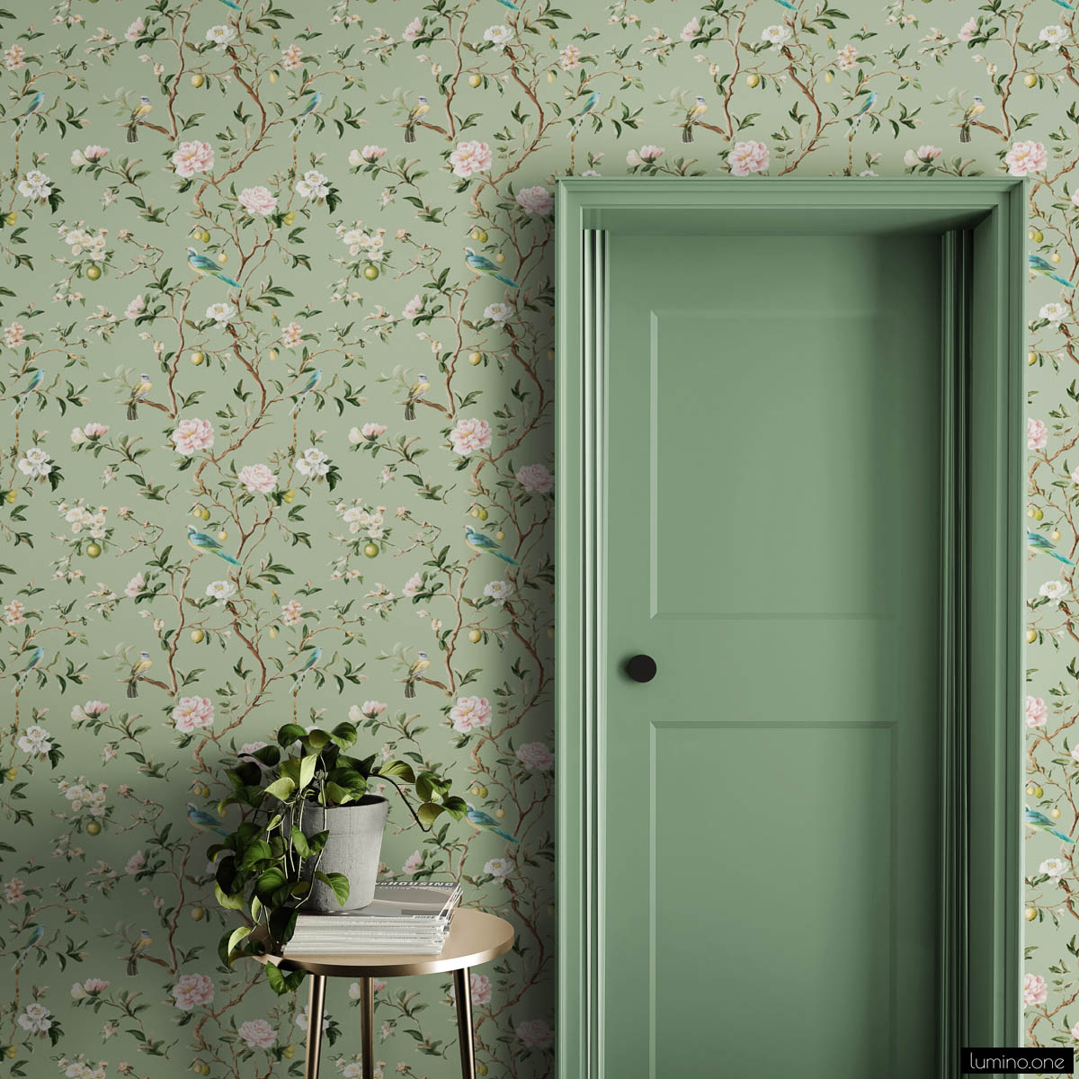 Chinoiserie Bird Wallpaper Peel and Stick - Sage Green Botanical Sage green chinoiserie removable wallpaper with hand-painted birds, pink peonies, and botanical branches in entryway with matching sage green door, round gold side table, pothos plant, and jute rug