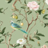 Closeup - Sage Green Chinoiserie Bird Flower Wallpaper Tile Closeup - Sage Green Chinoiserie Bird Flower Wallpaper Tile