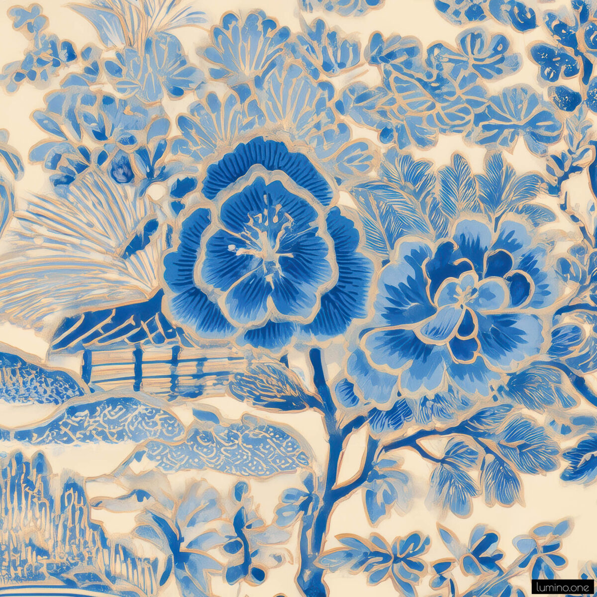 Closeup of Traditional Toile Blue & White Wallpaper Tile Upscaled with Gigapixel v8.4.4. 2048x2048 => 12288x12288 (6x) Model: High Fidelity V2, denoise: 0.3876953125, sharpen: 0.307659775018692, decompression: 0.01