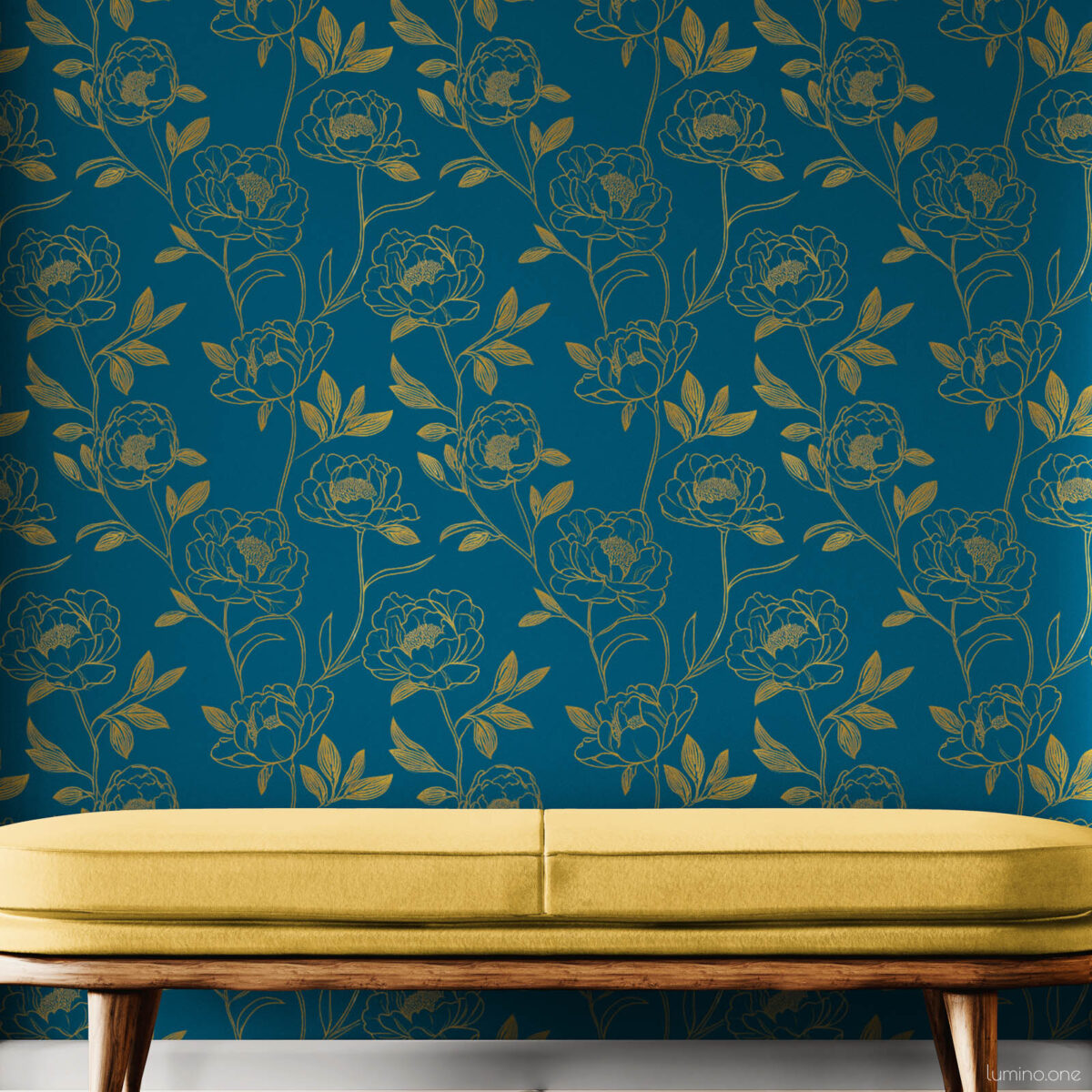 Elegant hallway feature wall with dark teal and gold peony removable wallpaper framed by white paneled doorways, styled with a mid-century yellow velvet bench on a black and white checkered floor