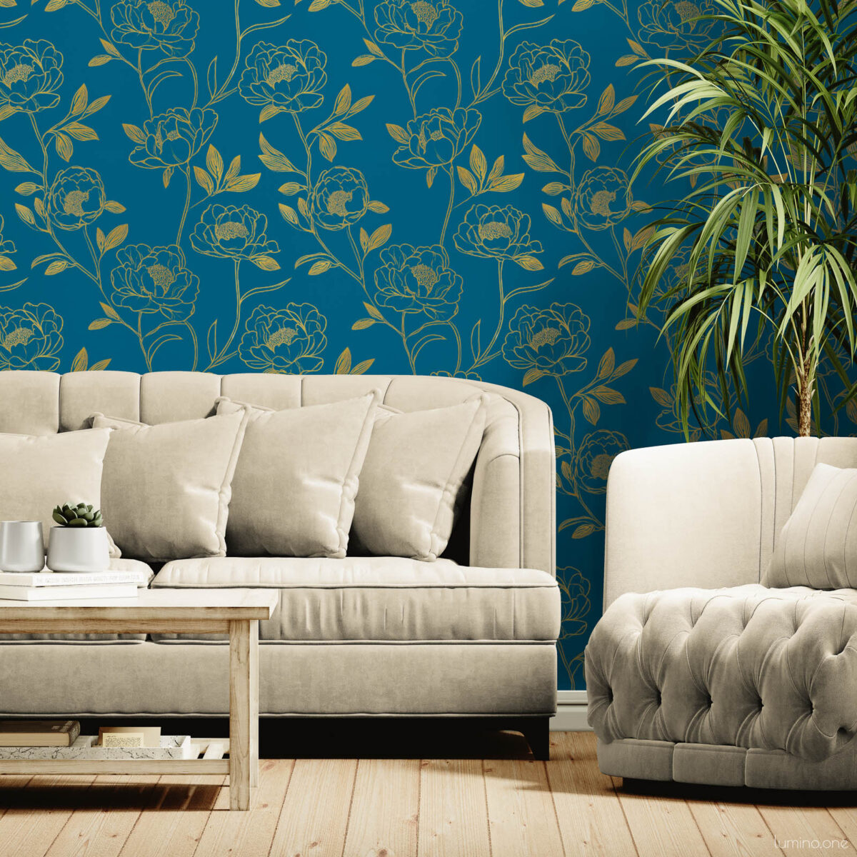 Bright neutral living room with dark teal and gold botanical peony peel and stick wallpaper, styled with cream linen sofas, a rustic wood coffee table, tall indoor palm, and a white sculptural pendant light on wood floors