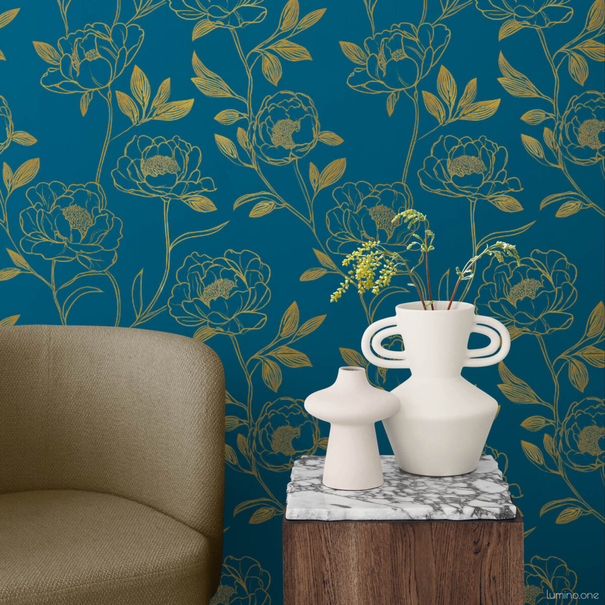 Contemporary living room detail with dark teal and gold peony removable wallpaper, styled with an olive boucle armchair and a wood side table topped with a marble slab and sculptural white ceramic vases with wildflowers